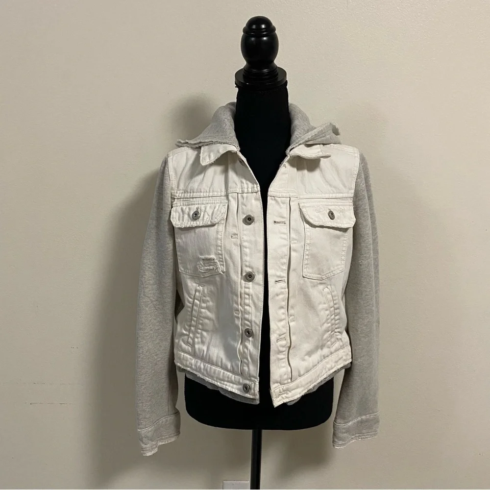 Free People Jacket Women’s Size Medium White Gray Sweater Jean hooded Jacket - Picture 1 of 16